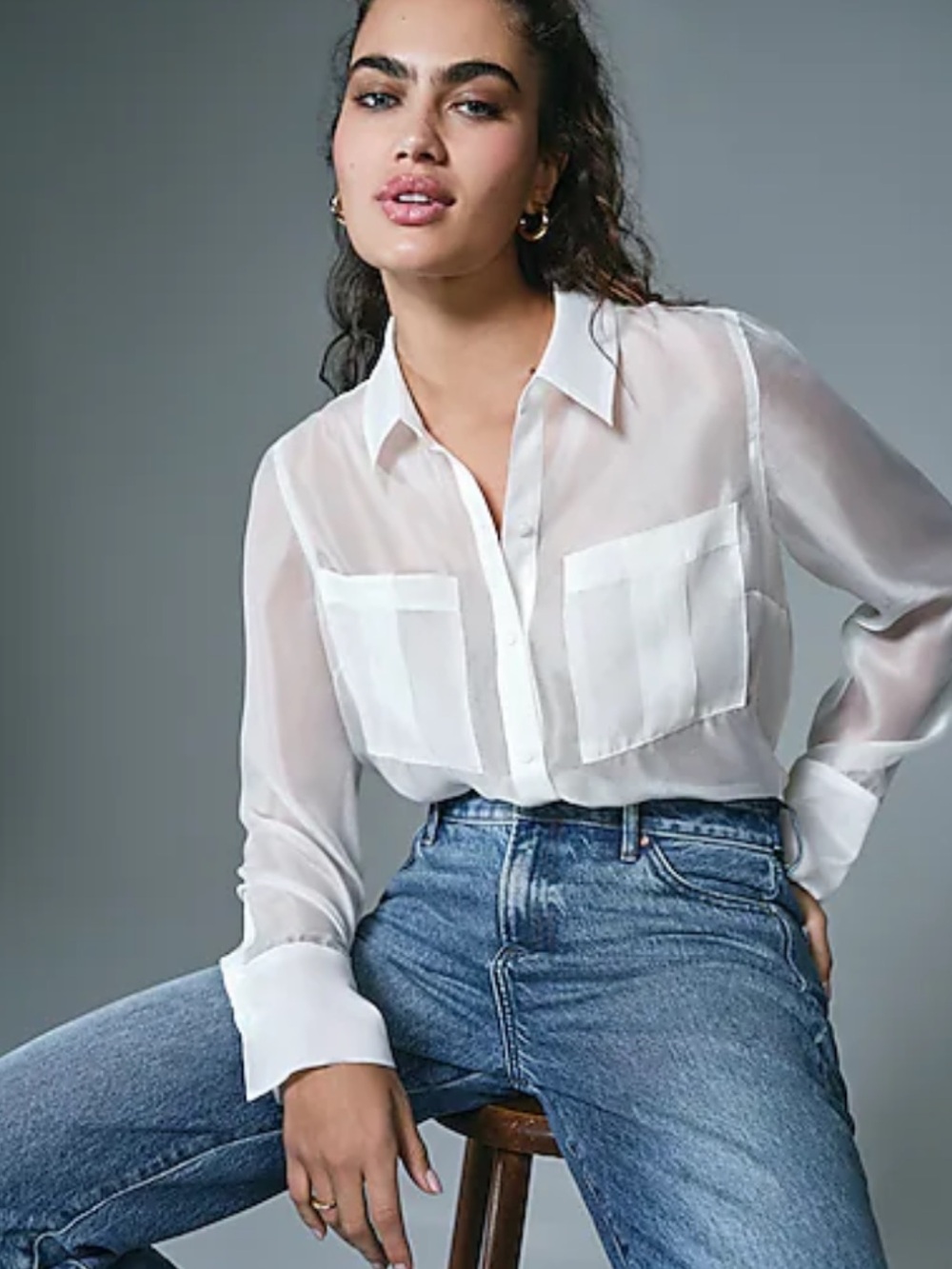 Express size M white semi sheer classic georgette Portofino blouse